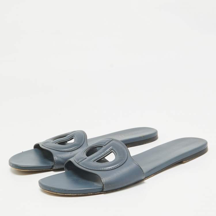 Pre Owned Dior Grey Leather D-Club Flat Slides Size 41