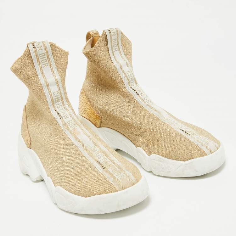 Pre Owned Dior Gold Glitter Stretch Fabric Sock High Top Sneakers Size 37.5