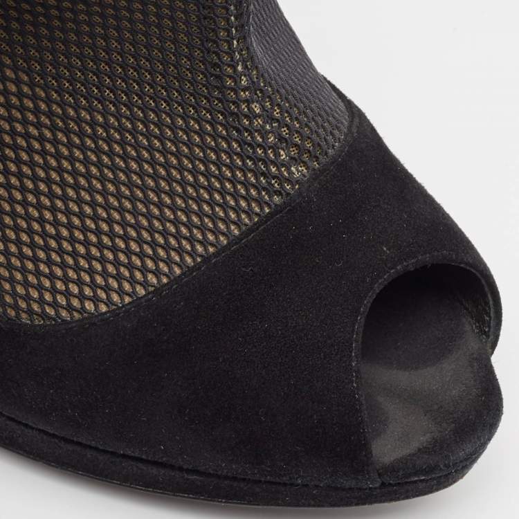 Pre Owned Dior Black Mesh and Suede Peep Toe Booties Size 39.5