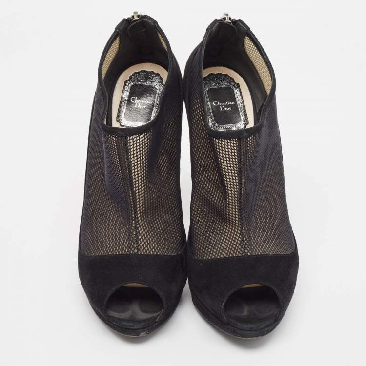 Pre Owned Dior Black Mesh and Suede Peep Toe Booties Size 39.5