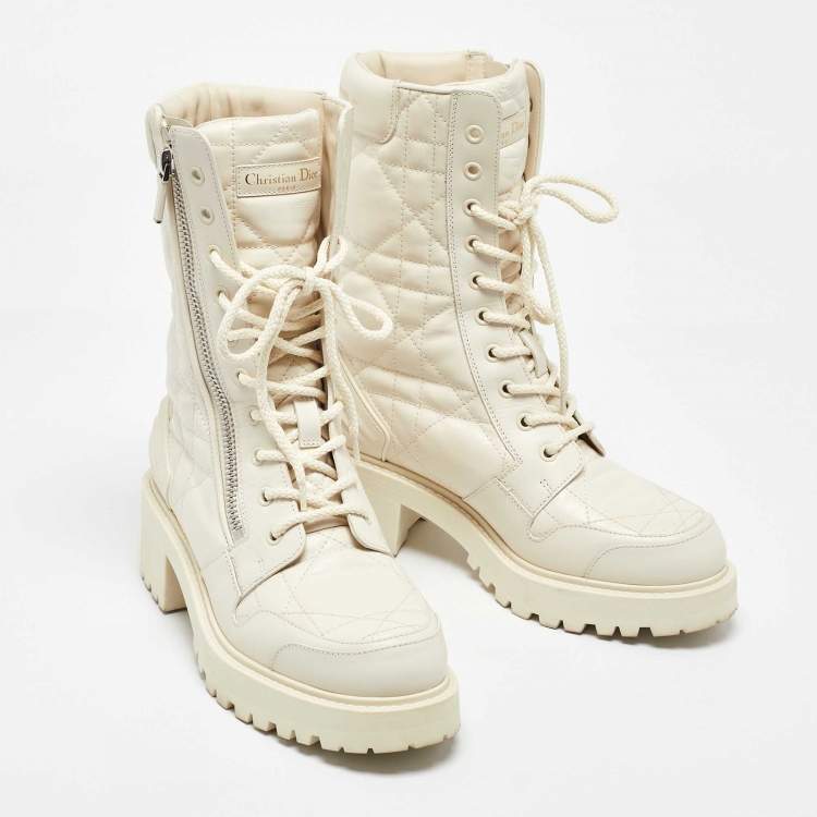 Pre Owned Dior Off White Leather Quilted Cannage D-unit Ankle Length Boots Size 37
