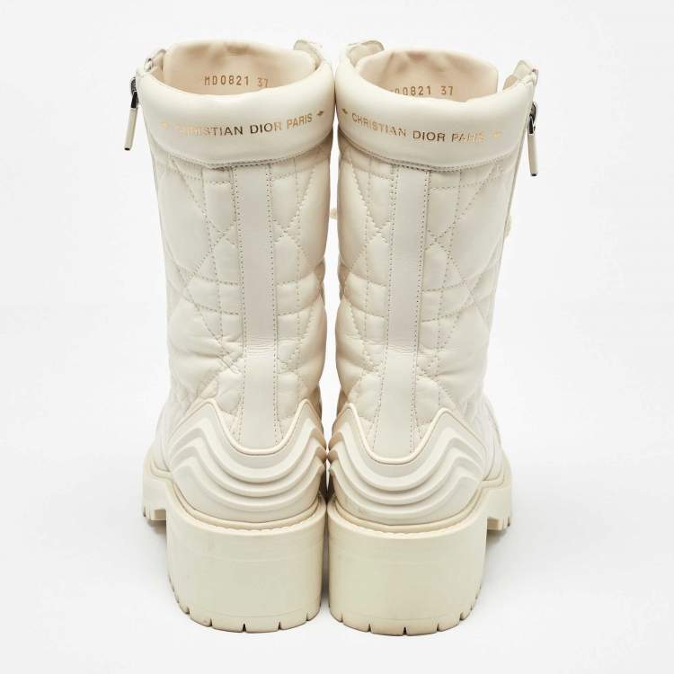 Pre Owned Dior Off White Leather Quilted Cannage D-unit Ankle Length Boots Size 37