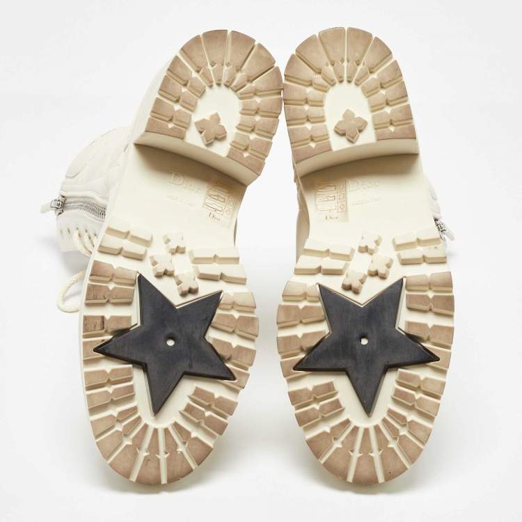 Pre Owned Dior Off White Leather Quilted Cannage D-unit Ankle Length Boots Size 37