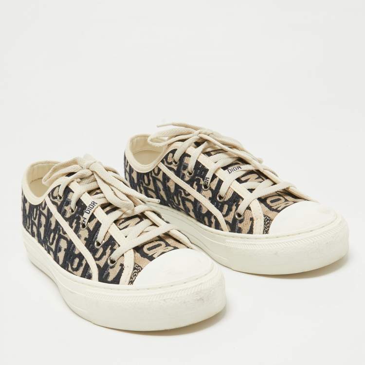 Pre Owned Dior Blue/Cream Canvas Walk'n'Dior Lace Up Sneakers Size 39.5