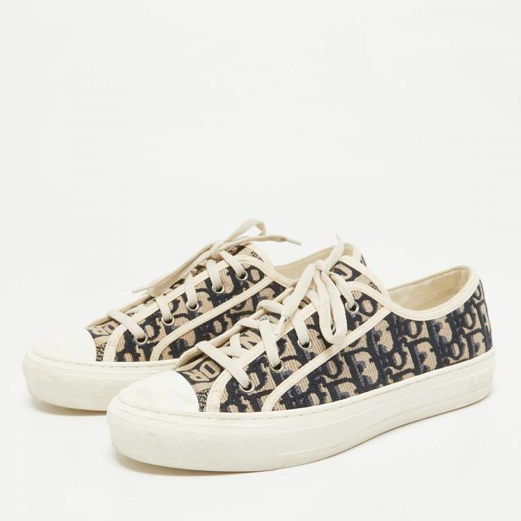 Pre Owned Dior Blue/Cream Canvas Walk'n'Dior Lace Up Sneakers Size 39.5