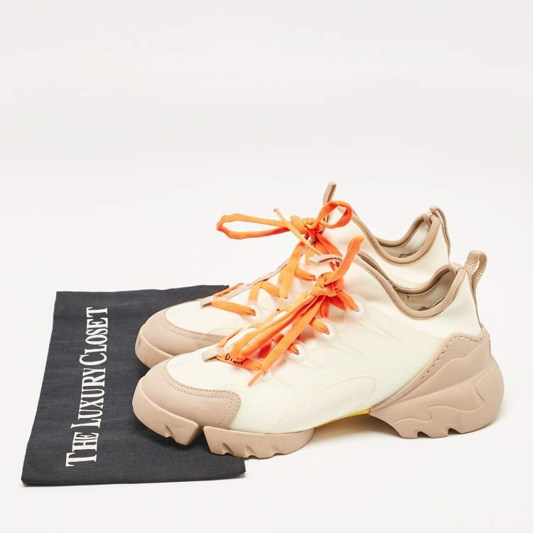 Pre Owned Dior Cream/Orange Fabric and PVC D-Connect Lace Up Sneakers Size 37