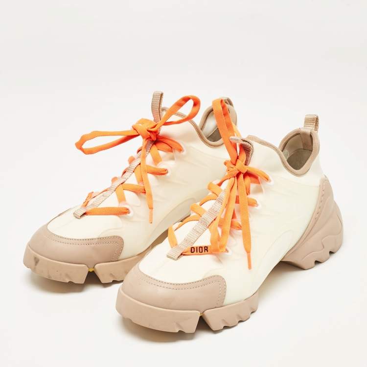 Pre Owned Dior Cream/Orange Fabric and PVC D-Connect Lace Up Sneakers Size 37