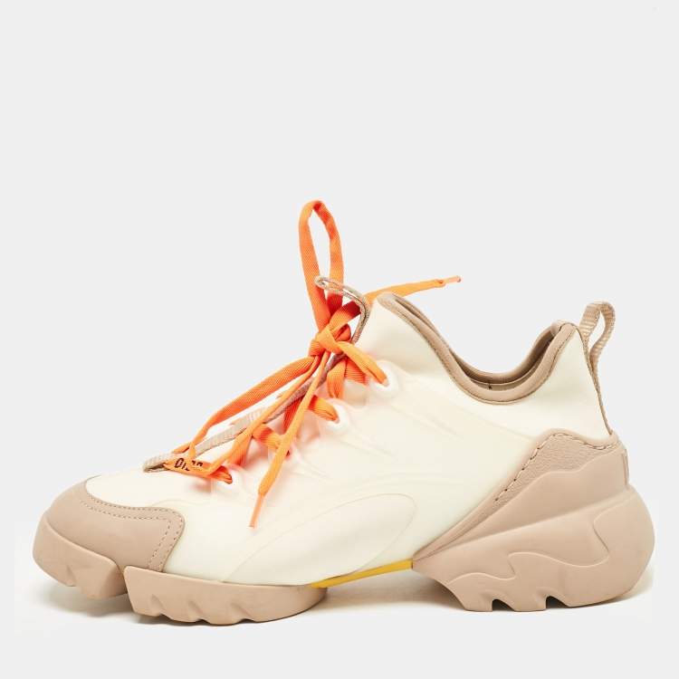 Pre Owned Dior Cream/Orange Fabric and PVC D-Connect Lace Up Sneakers Size 37