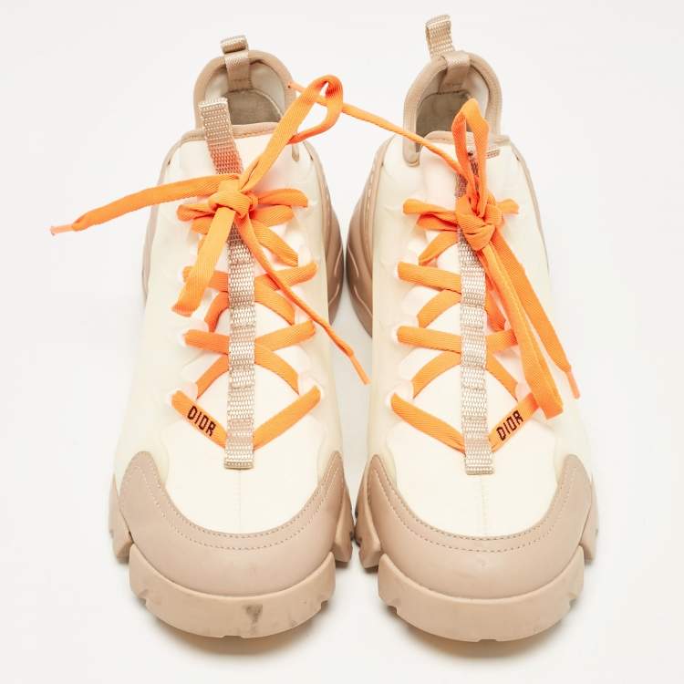 Pre Owned Dior Cream/Orange Fabric and PVC D-Connect Lace Up Sneakers Size 37