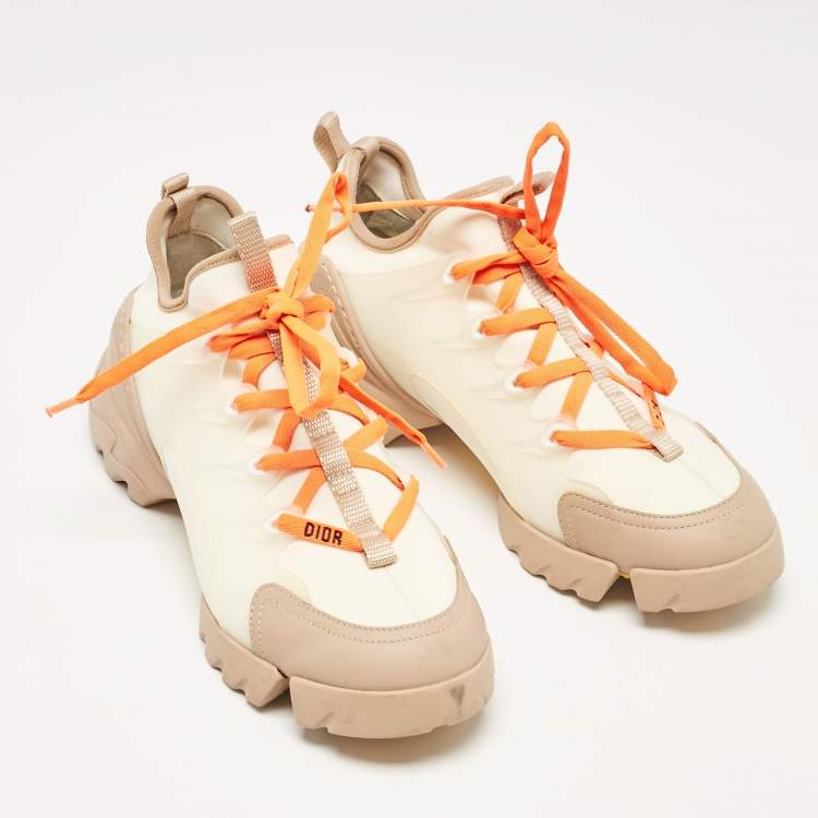 Pre Owned Dior Cream/Orange Fabric and PVC D-Connect Lace Up Sneakers Size 37