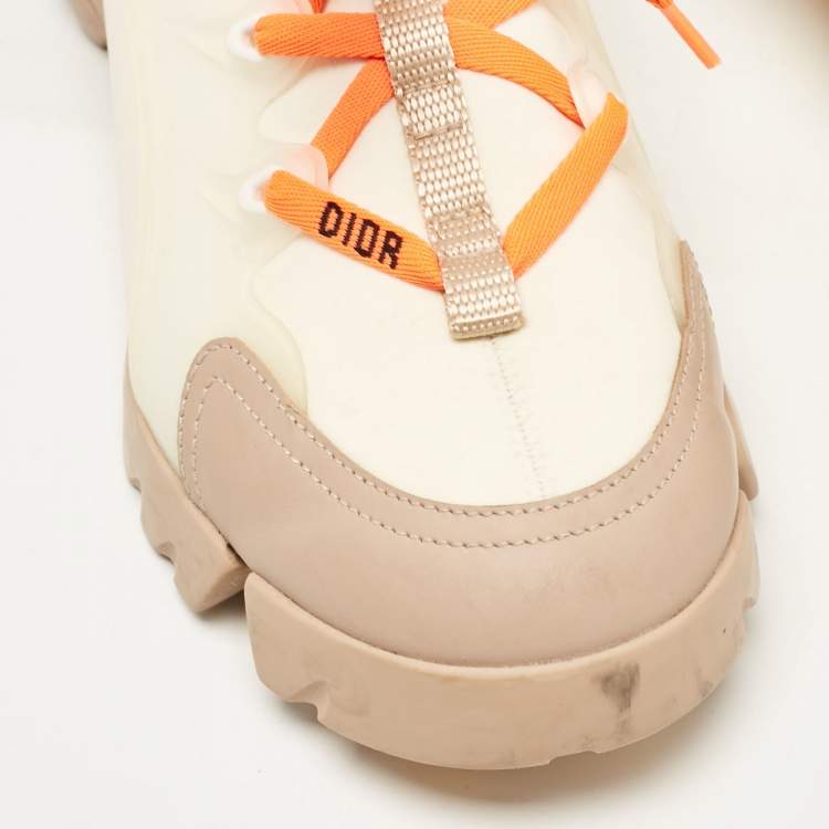 Pre Owned Dior Cream/Orange Fabric and PVC D-Connect Lace Up Sneakers Size 37