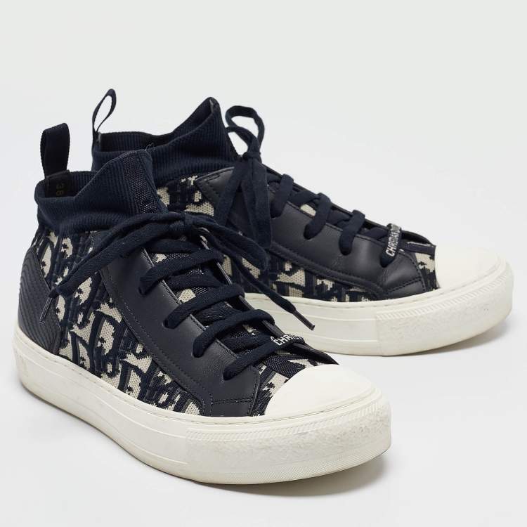 Pre Owned Dior Blue Oblique Knit Fabric and Leather Walk'n'Dior Sneakers Size 38.5