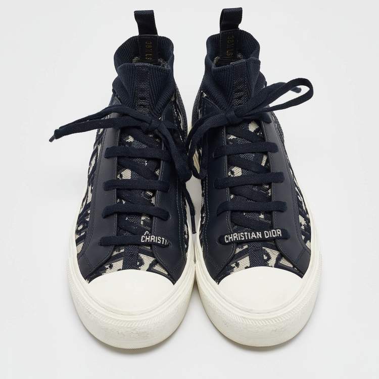 Pre Owned Dior Blue Oblique Knit Fabric and Leather Walk'n'Dior Sneakers Size 38.5