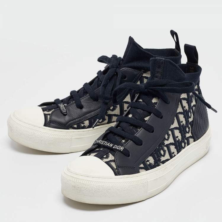 Pre Owned Dior Blue Oblique Knit Fabric and Leather Walk'n'Dior Sneakers Size 38.5