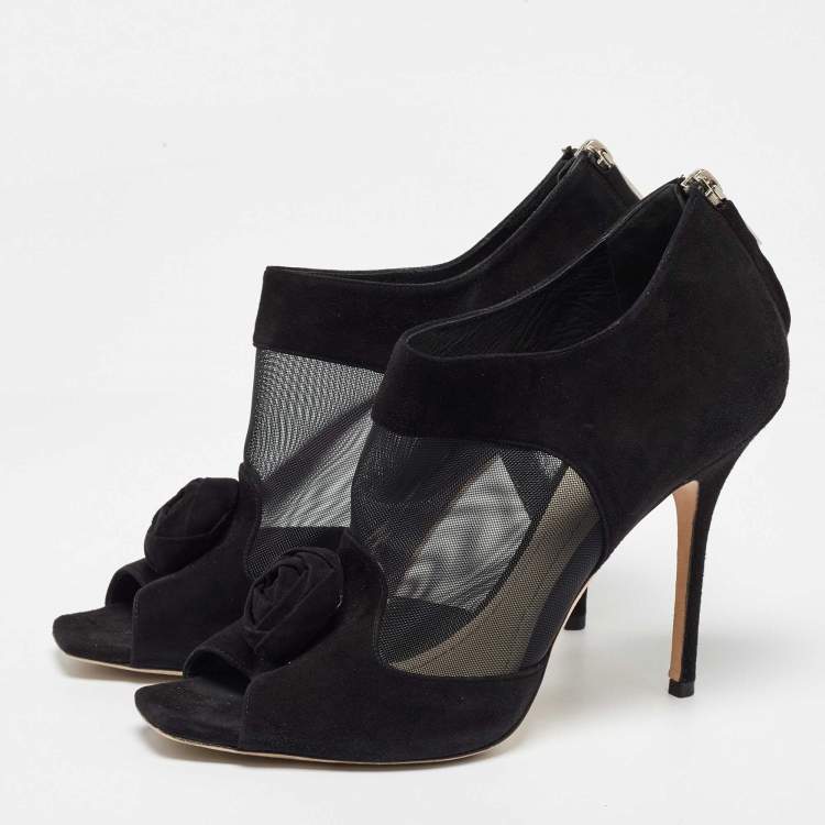 Pre Owned Dior Black Mesh and Suede Floral Applique Open Toe Booties Size 41