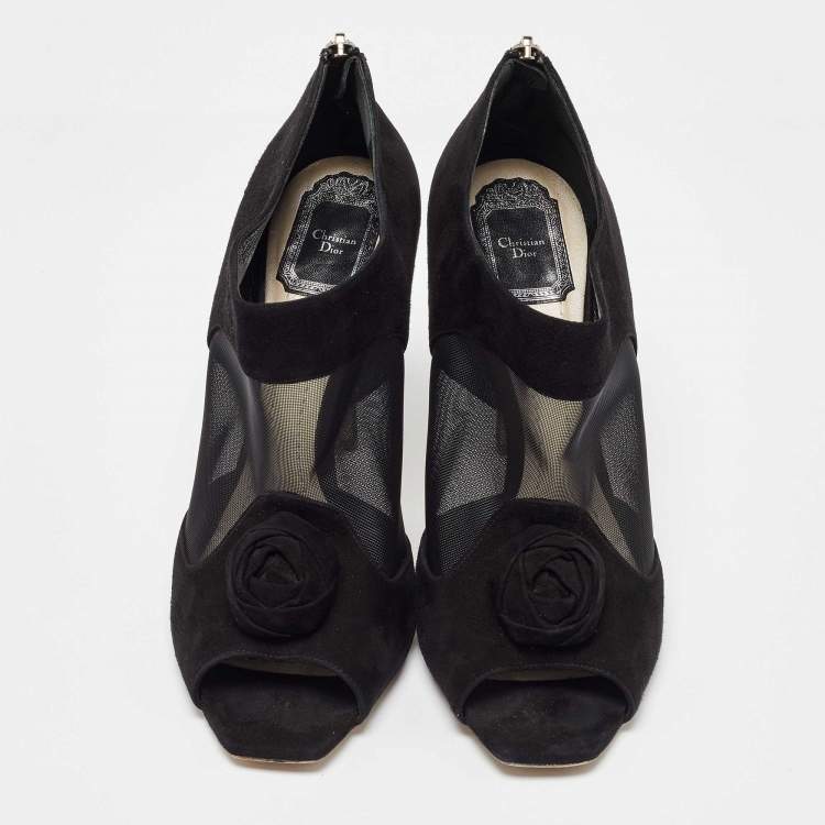 Pre Owned Dior Black Mesh and Suede Floral Applique Open Toe Booties Size 41