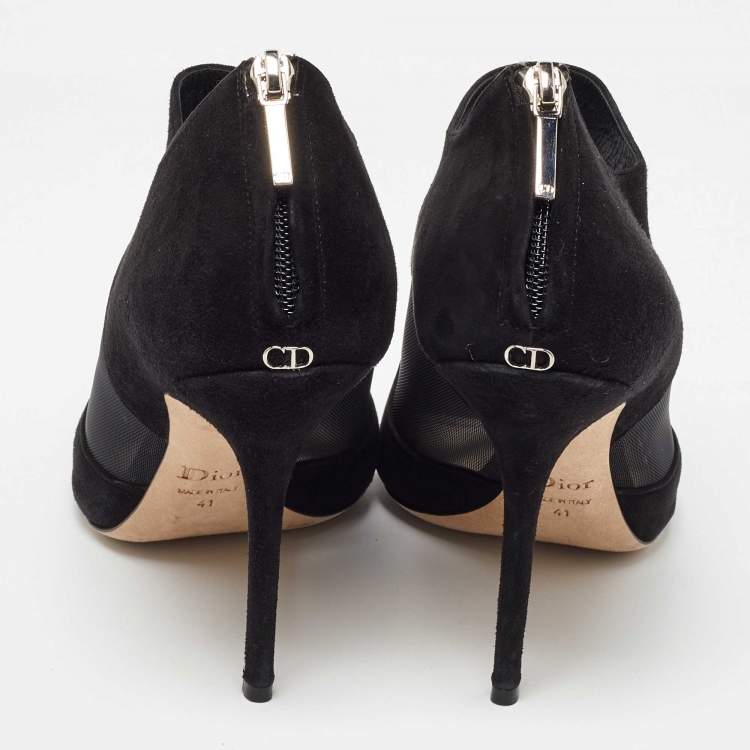 Pre Owned Dior Black Mesh and Suede Floral Applique Open Toe Booties Size 41