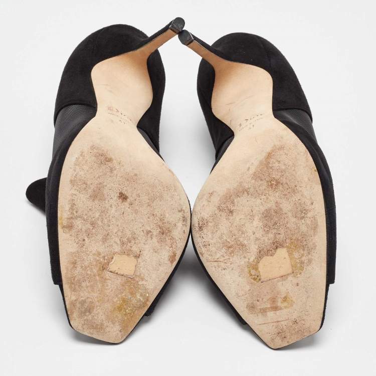 Pre Owned Dior Black Mesh and Suede Floral Applique Open Toe Booties Size 41