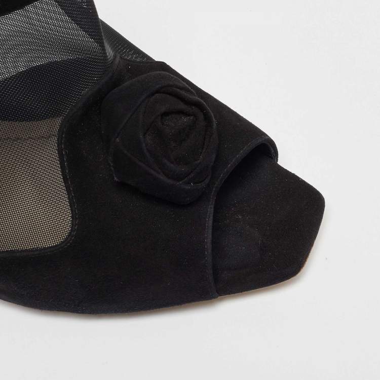 Pre Owned Dior Black Mesh and Suede Floral Applique Open Toe Booties Size 41