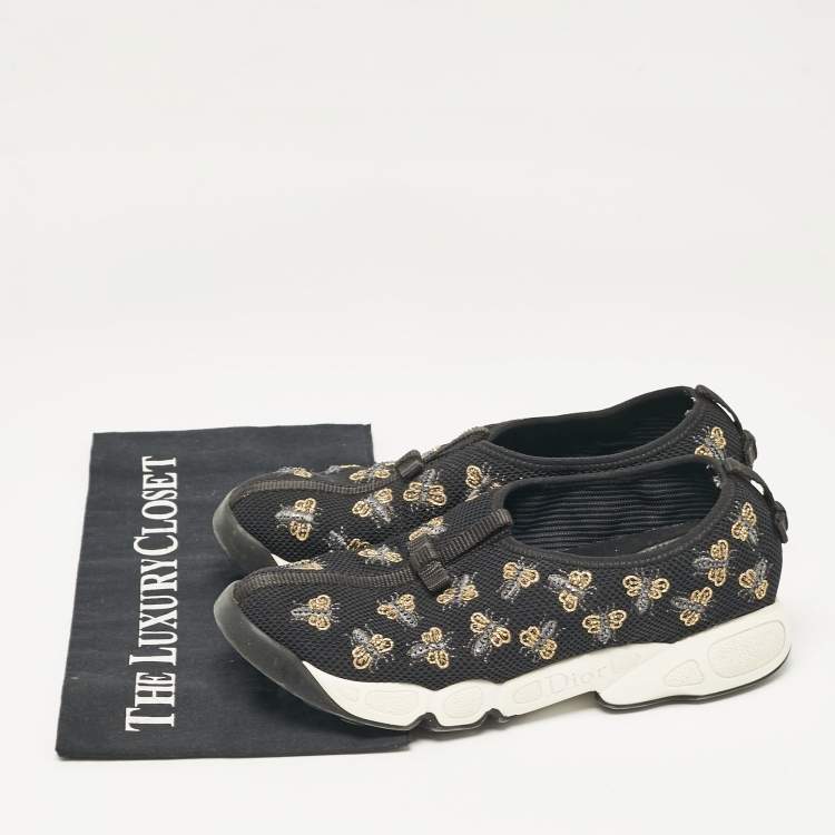 Pre Owned Dior Black Mesh Bee Embellished Fusion Slip On Sneakers Size 38.5