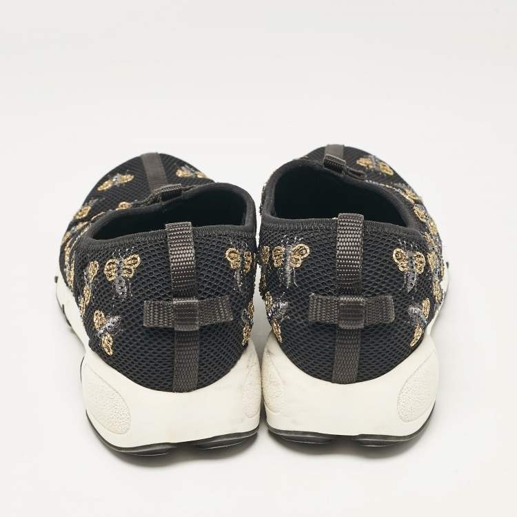 Pre Owned Dior Black Mesh Bee Embellished Fusion Slip On Sneakers Size 38.5