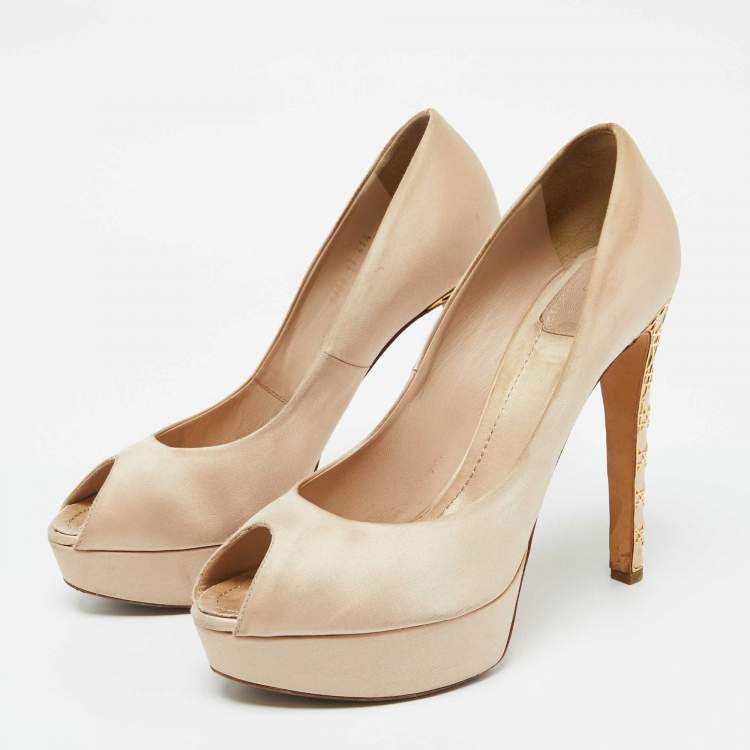 Pre Owned Dior Beige Satin Cannage Heel Peep Toe Platform Pumps Size 41.5