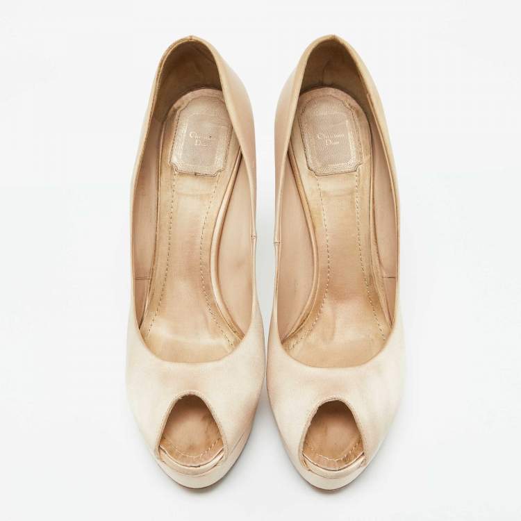 Pre Owned Dior Beige Satin Cannage Heel Peep Toe Platform Pumps Size 41.5