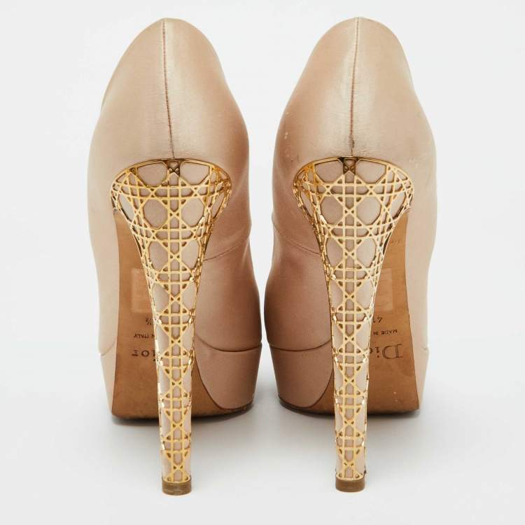 Pre Owned Dior Beige Satin Cannage Heel Peep Toe Platform Pumps Size 41.5