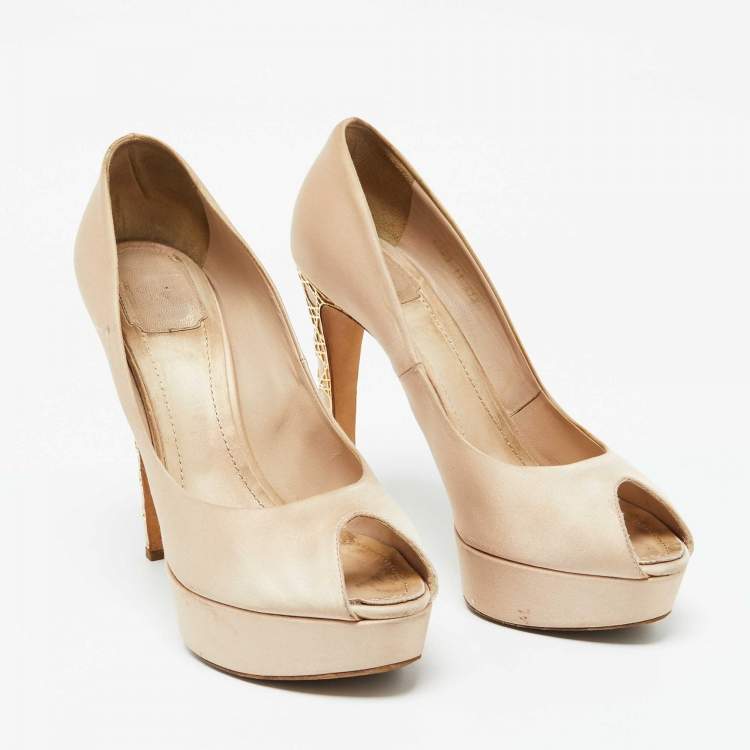 Pre Owned Dior Beige Satin Cannage Heel Peep Toe Platform Pumps Size 41.5