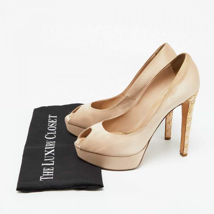 Pre Owned Dior Beige Satin Cannage Heel Peep Toe Platform Pumps Size 41.5