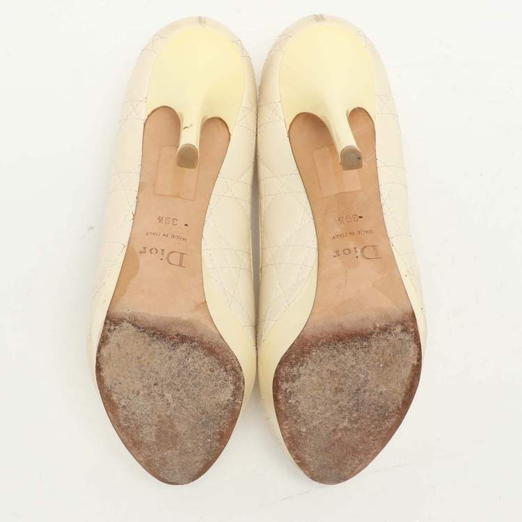 Pre Owned Dior Cream Cannage Patent and Leather Bow Peep Toe Pumps Size 39.5