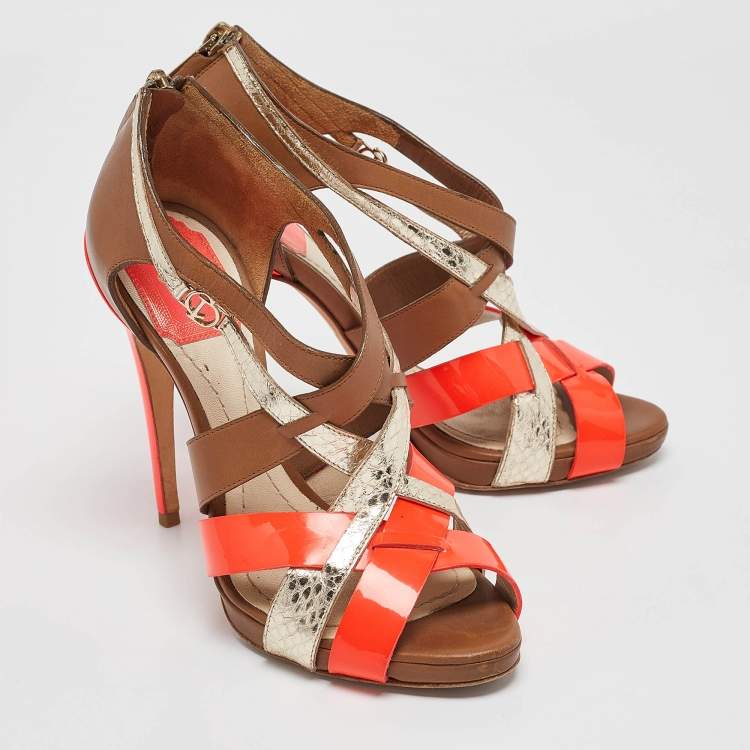 Pre Owned Dior Brown Leather Python Embossed and Leather Strappy Sandals Size 36.5