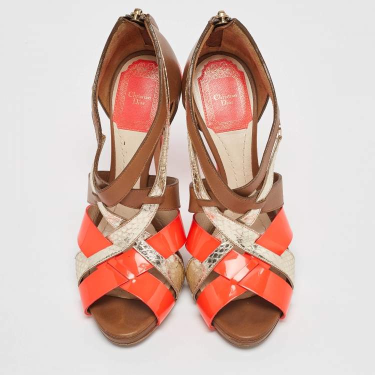 Pre Owned Dior Brown Leather Python Embossed and Leather Strappy Sandals Size 36.5