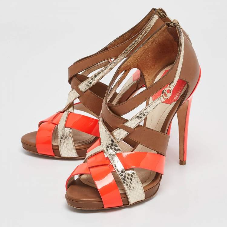 Pre Owned Dior Brown Leather Python Embossed and Leather Strappy Sandals Size 36.5
