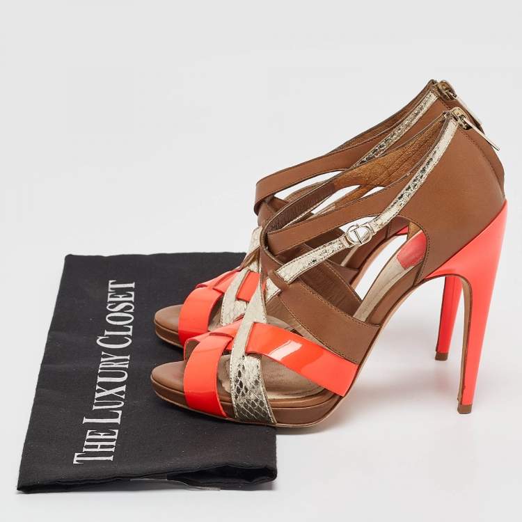Pre Owned Dior Brown Leather Python Embossed and Leather Strappy Sandals Size 36.5