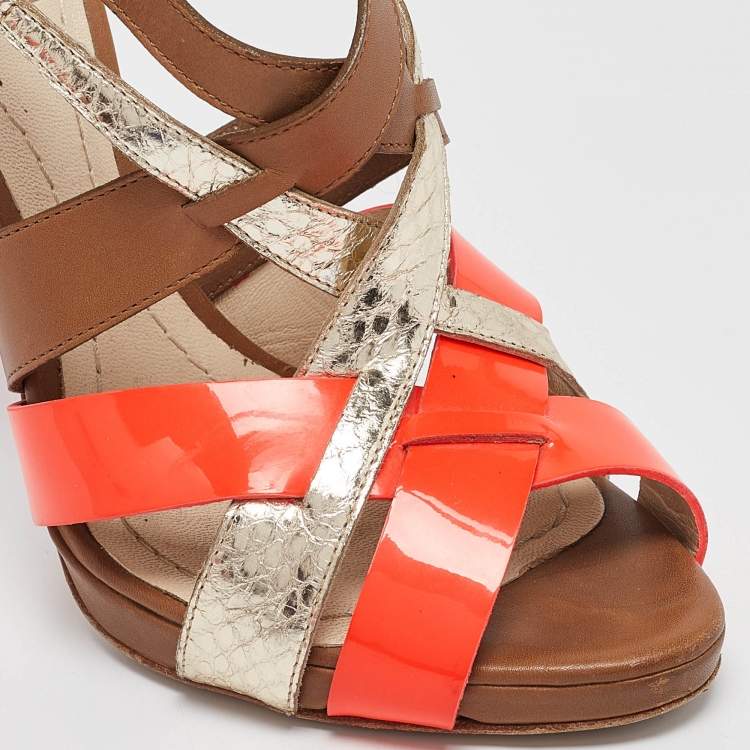 Pre Owned Dior Brown Leather Python Embossed and Leather Strappy Sandals Size 36.5