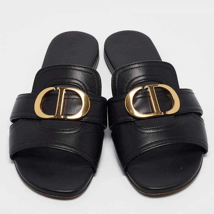 Pre Owned Dior Black Leather 30 Montaigne Flat Slides Size 36
