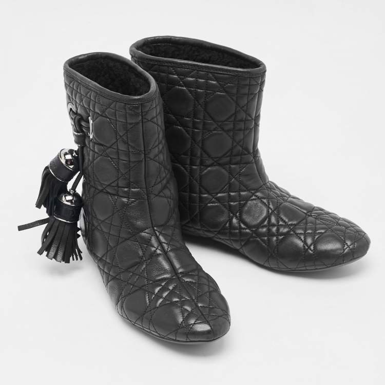 Pre Owned Dior Black Cannage Quilted Leather Tassel Snow Boots Size 38