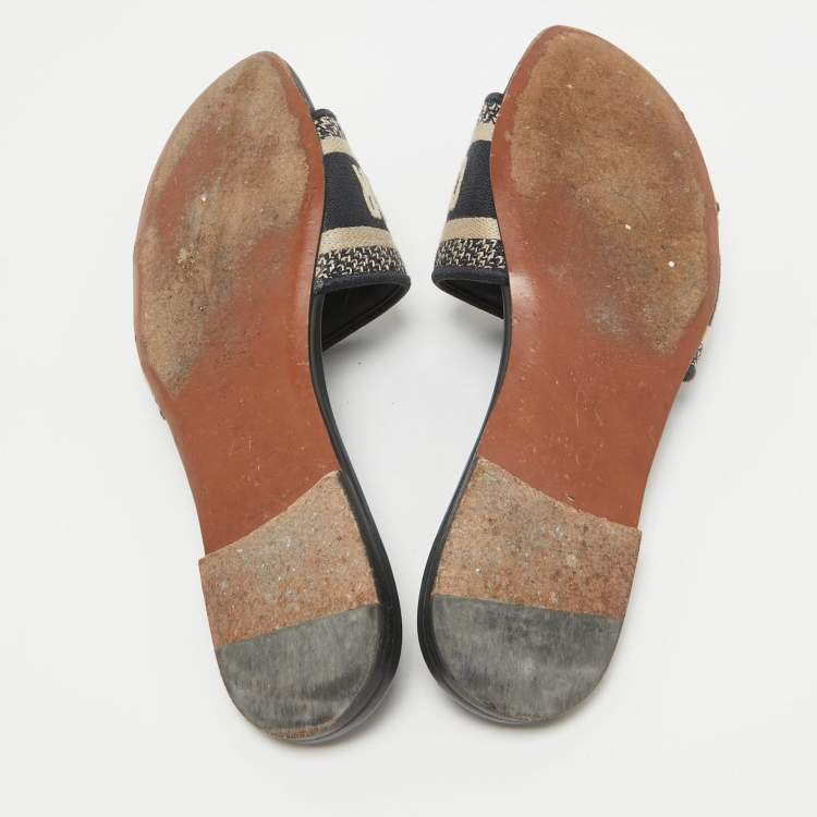 Pre Owned Dior Navy Blue/White Embroidered Canvas Dway Flat Slides Size 36