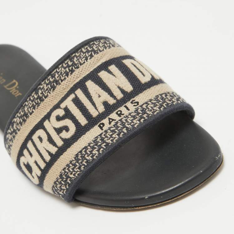 Pre Owned Dior Navy Blue/White Embroidered Canvas Dway Flat Slides Size 36
