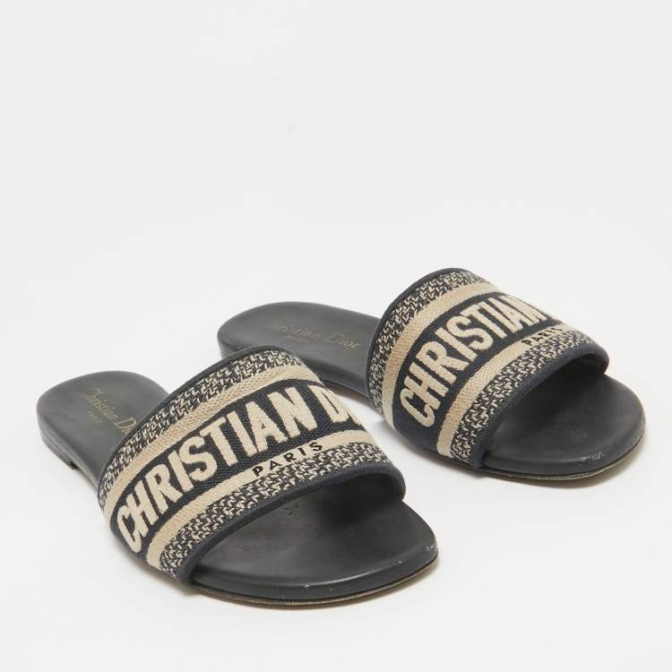 Pre Owned Dior Navy Blue/White Embroidered Canvas Dway Flat Slides Size 36