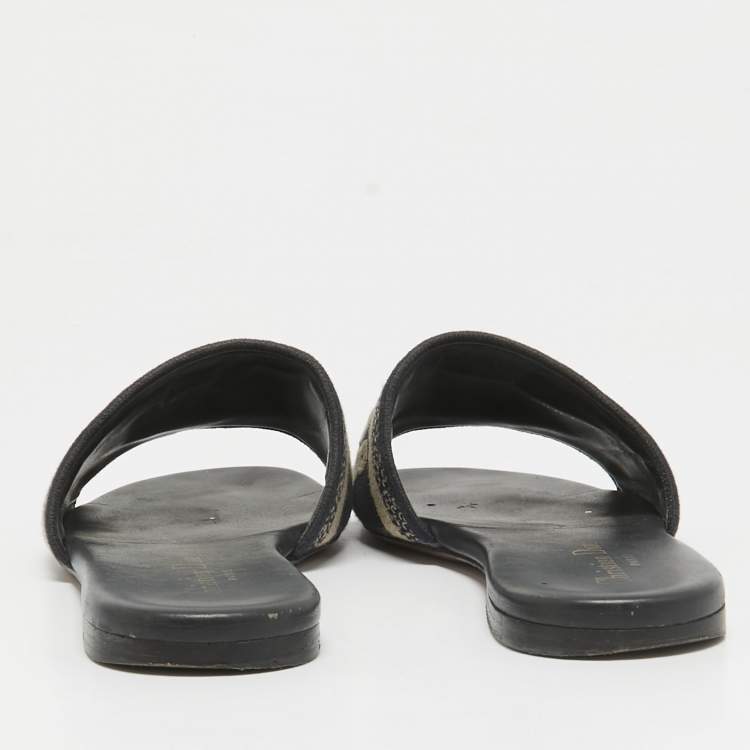 Pre Owned Dior Navy Blue/White Embroidered Canvas Dway Flat Slides Size 36