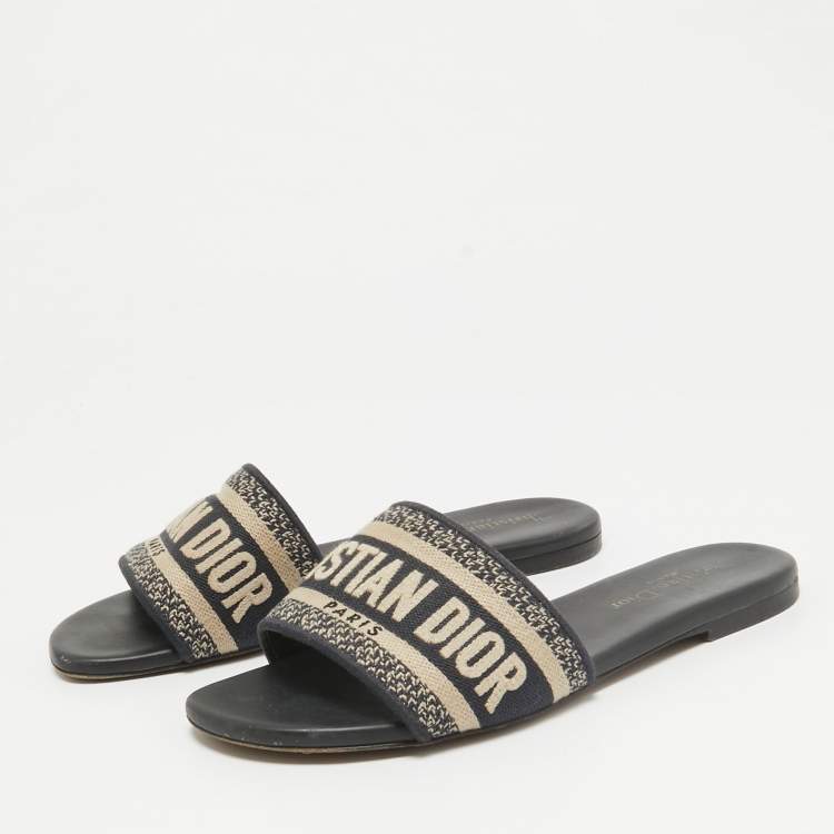 Pre Owned Dior Navy Blue/White Embroidered Canvas Dway Flat Slides Size 36