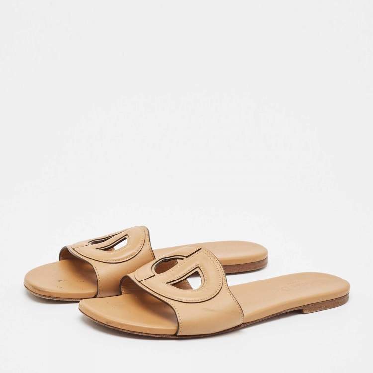 Pre Owned Dior Tan Leather D-Club Flat Slides Size 39