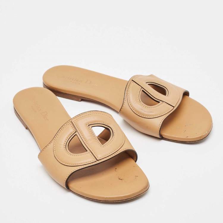 Pre Owned Dior Tan Leather D-Club Flat Slides Size 39