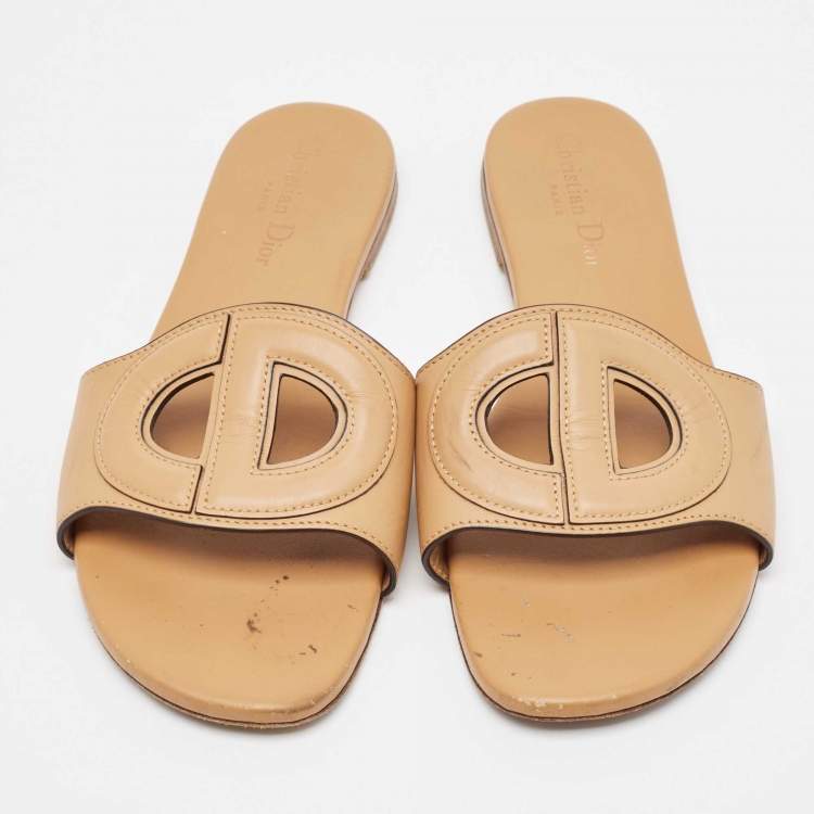 Pre Owned Dior Tan Leather D-Club Flat Slides Size 39