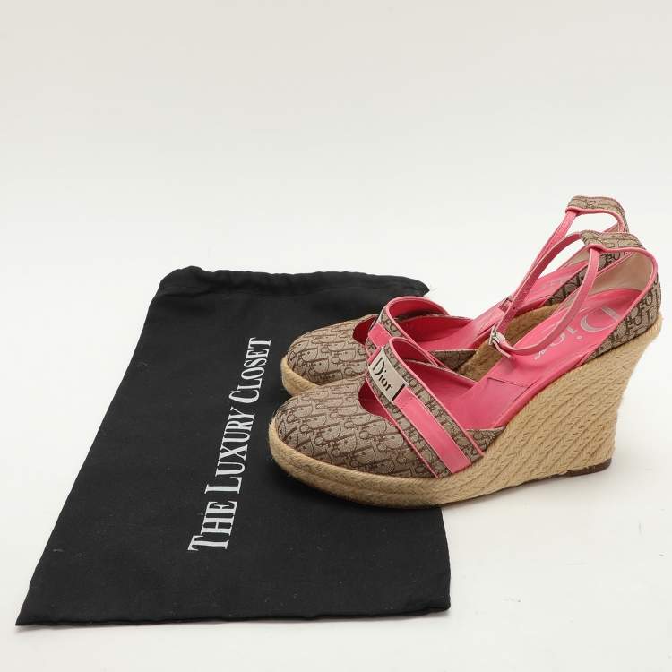 Pre Owned Dior Beige/Pink Canvas and Leather Wedge Espadrille Sandals Size 39