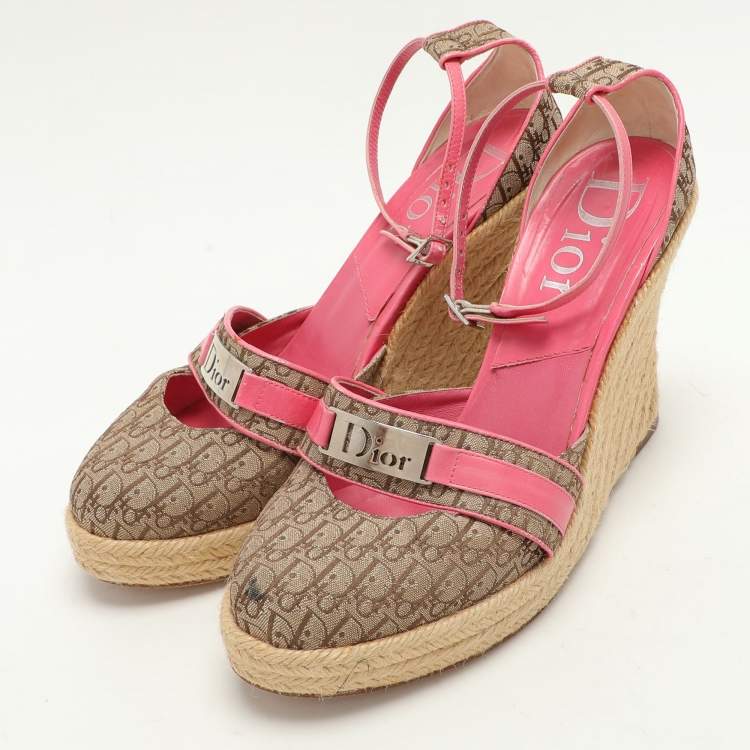 Pre Owned Dior Beige/Pink Canvas and Leather Wedge Espadrille Sandals Size 39