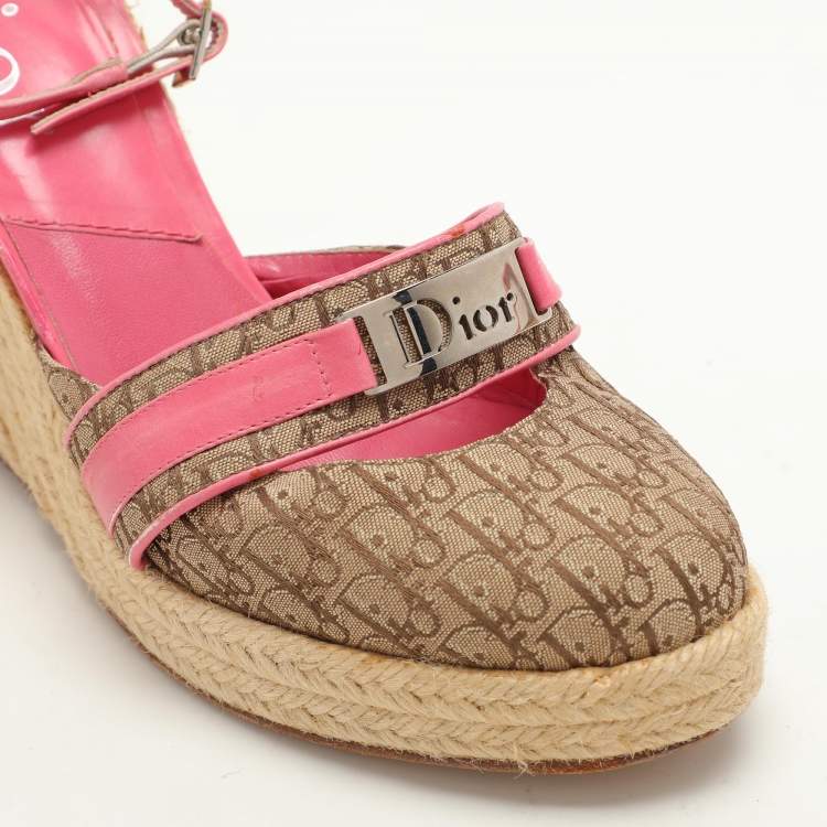 Pre Owned Dior Beige/Pink Canvas and Leather Wedge Espadrille Sandals Size 39