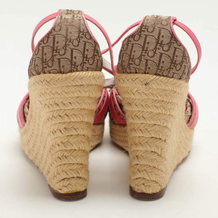 Pre Owned Dior Beige/Pink Canvas and Leather Wedge Espadrille Sandals Size 39